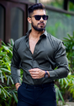 Olive Green Luxury Formal Satin Cotton Shirt