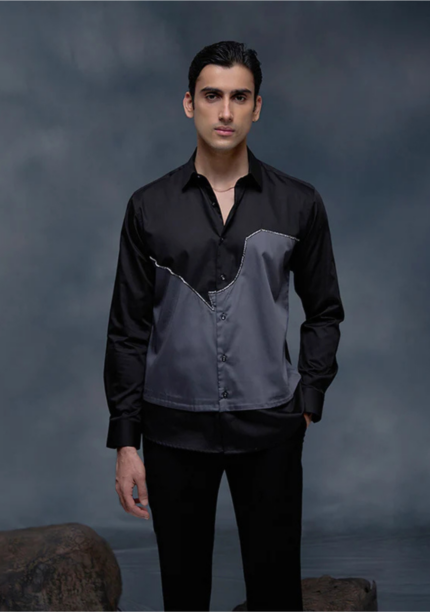 Black and Grey with Hand Embroidery Premium Cotton Slim Fit Shirt