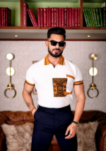 White and Orange Designer Cotton Half Sleeve Premium T Shirt - Image 2