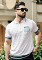 WHITE HALF SLEEVE KNITTED TSHIRT