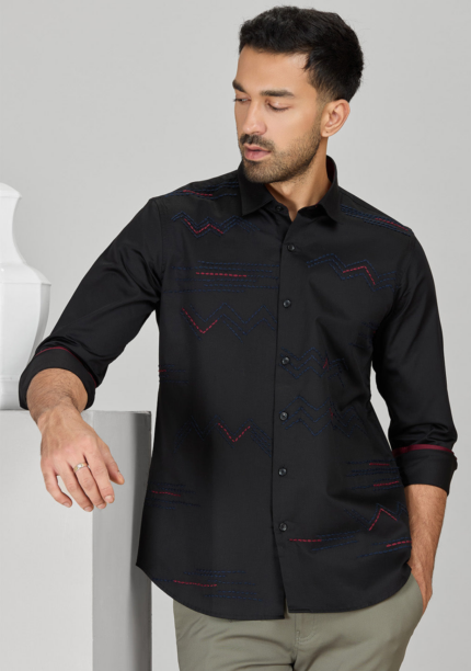 Black Cotton Designer Shirt in Slim Fit